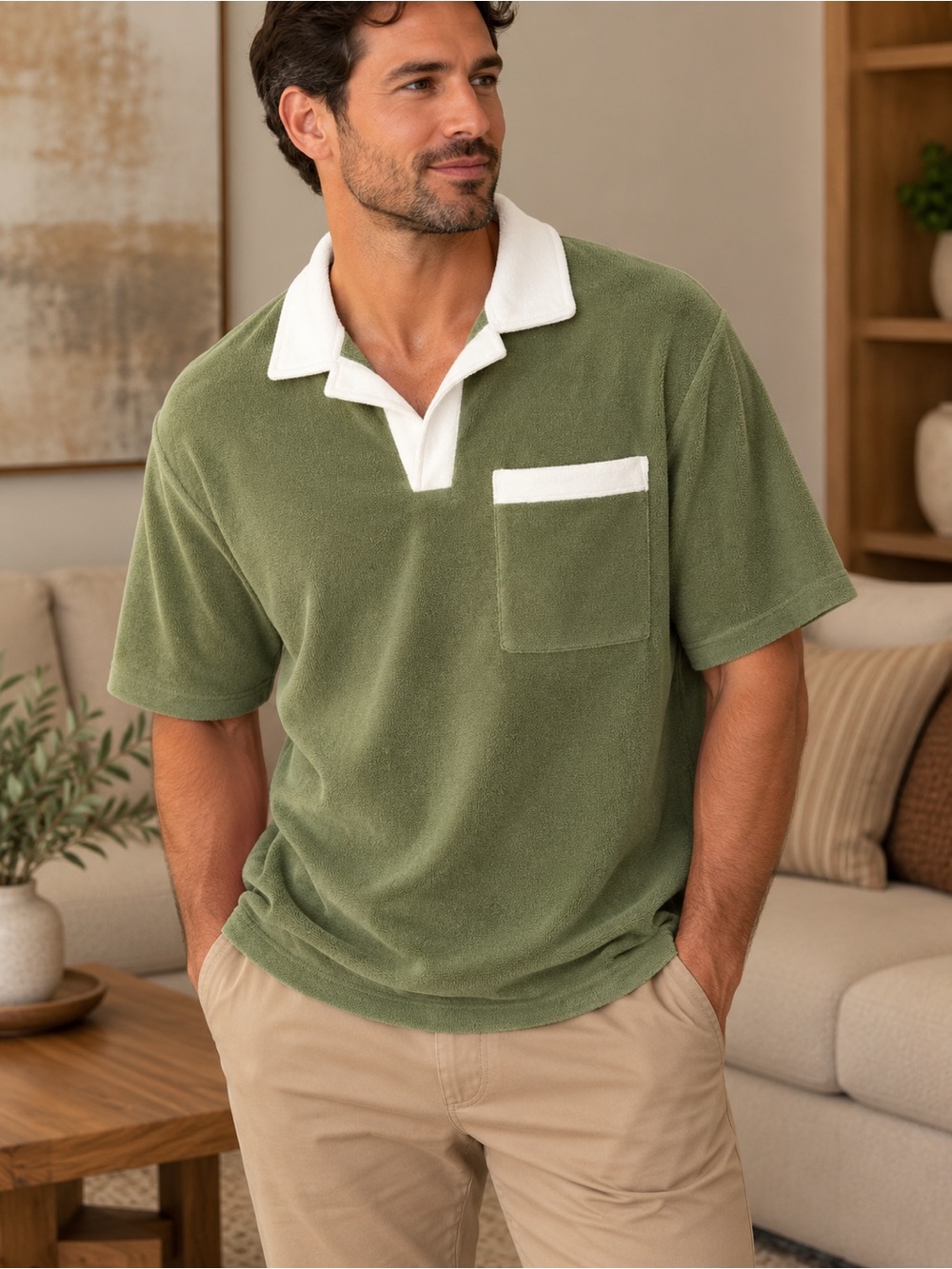 Murano Men’s Terry Cloth Polo Shirt Olive Green Ivory Slim Fit Size Large